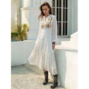 Rustydustty Embroidered Midi Dress Womens S White Boho Bohemian Peasant Tiered